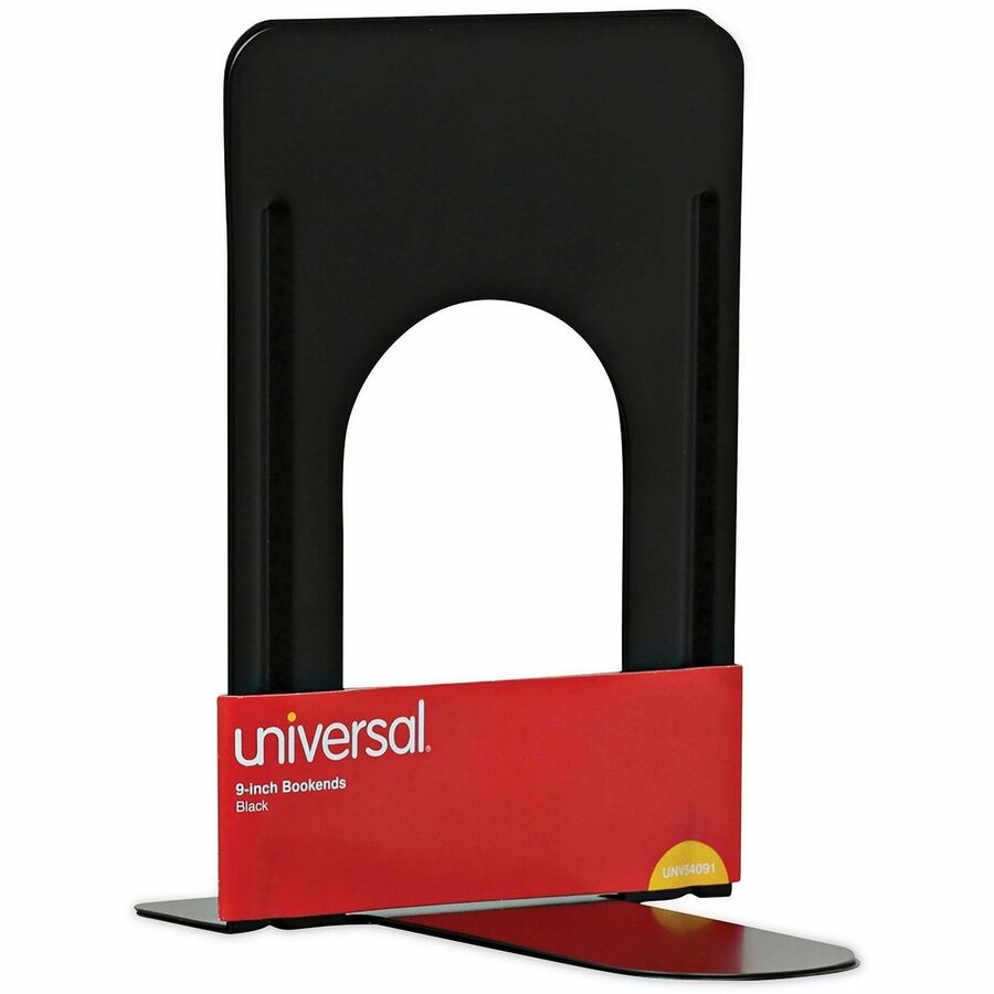 Universal Bookend - 9" Height x 5.88" Width x 8.25" Depth - Rounded Corner - Black - Steel, Metal - 1 Pair