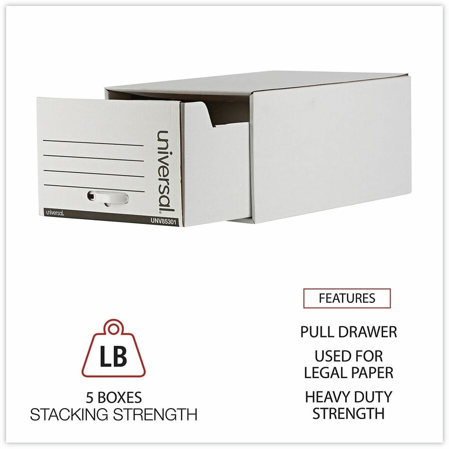 Universal Heavy-Duty Storage Drawers, Legal Files, 17.25" x 25.5" x 11.5" , White, 6/Carton - Internal Dimensions: 15.50" Width x 23.50" Depth x 10.25" Height - External Dimensions: 17.3" Width x 25.5" Depth x 11.5" Height - Media Size Supported: Legal...