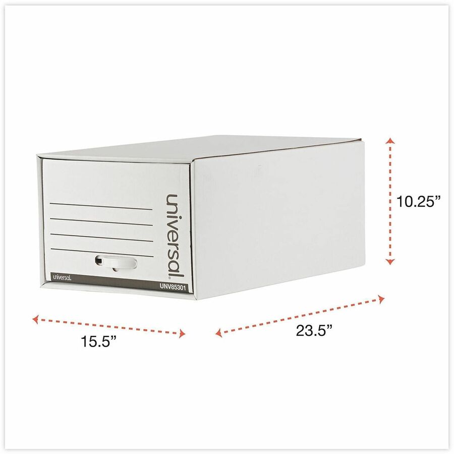 Universal Heavy-Duty Storage Drawers, Legal Files, 17.25" x 25.5" x 11.5" , White, 6/Carton - Internal Dimensions: 15.50" Width x 23.50" Depth x 10.25" Height - External Dimensions: 17.3" Width x 25.5" Depth x 11.5" Height - Media Size Supported: Legal...