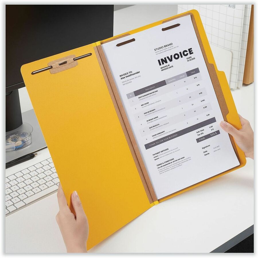 Universal 2/5 Tab Cut Legal Classification Folder - 8 1/2" x 14" - 2" Expansion - 4 Fastener(s) - 2" Fastener Capacity - Top Tab Location - Right of Center Tab Position - 1 Divider(s) - Yellow - 10 Box