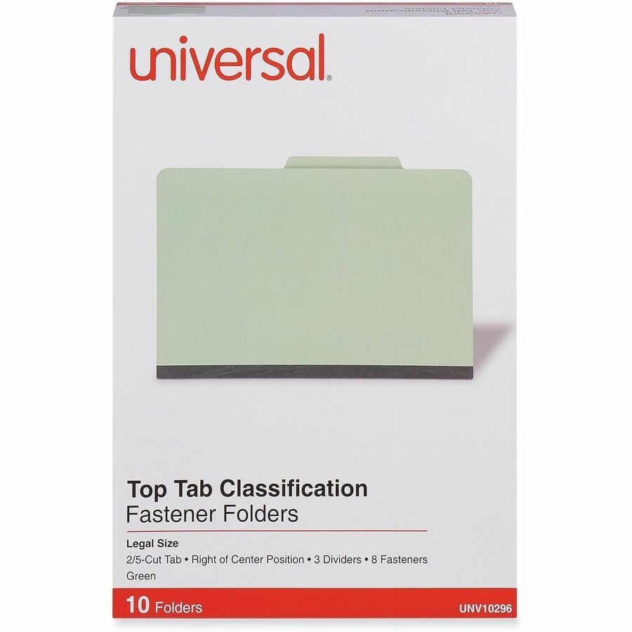 Universal 2/5 Tab Cut Legal Classification Folder - 8 1/2" x 14" - 3" Expansion - 8 Fastener(s) - 2" Fastener Capacity - Top Tab Location - Right of Center Tab Position - 3 Divider(s) - Green - 10 Box