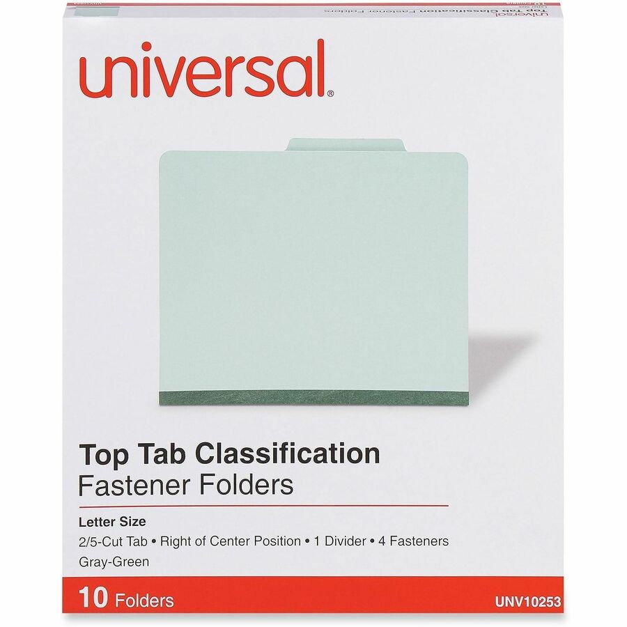 Universal 2/5 Tab Cut Letter Classification Folder - 8 1/2" x 11" - 2" Expansion - 4 Fastener(s) - 2" Fastener Capacity - Top Tab Location - Right of Center Tab Position - 1 Divider(s) - Gray, Green - 10 Box