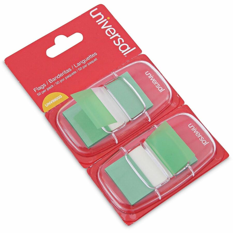 Universal Flag - 100 - Rectangle - Green - Removable, Self-stick, Pop-up, Repositionable - Dispenser Included - 100 / Pack