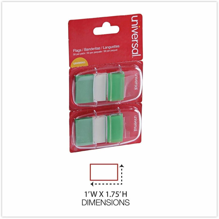 Universal Flag - 100 - Rectangle - Green - Removable, Self-stick, Pop-up, Repositionable - Dispenser Included - 100 / Pack