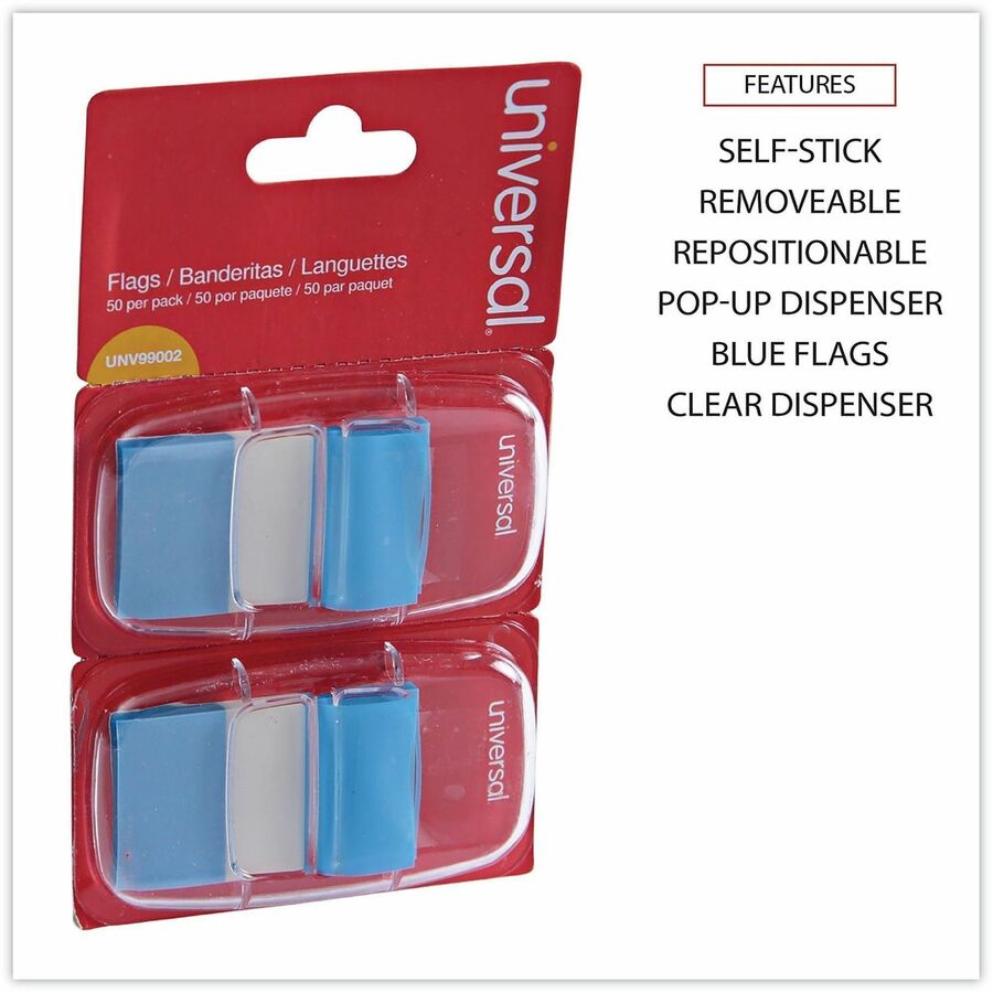 Universal Flag - 100 - Rectangle - Blue - Removable, Self-stick, Pop-up, Repositionable - Dispenser Included - 100 / Pack