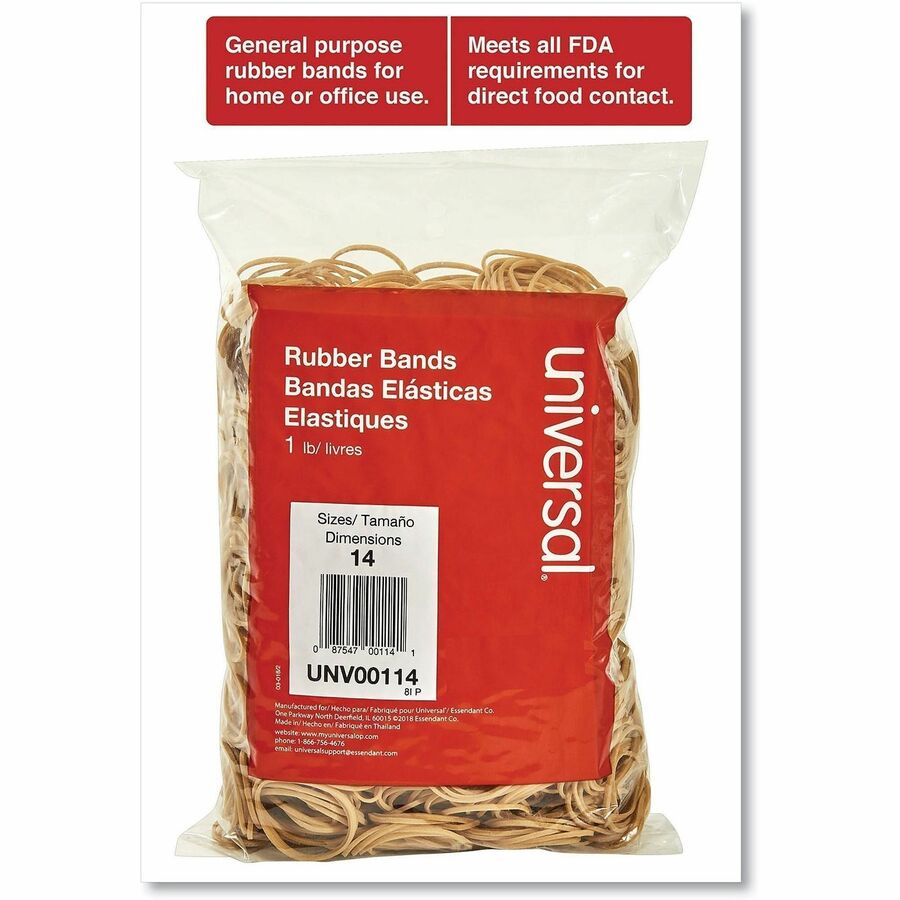 Universal Rubber Bands, Size 14, 0.04" Gauge, Beige, 1 lb Box, 2,200/Pack - Size: #14 - 2" Length x 0.1" Width - 6 lb/in - Rubber - Beige - 2200 / Pack