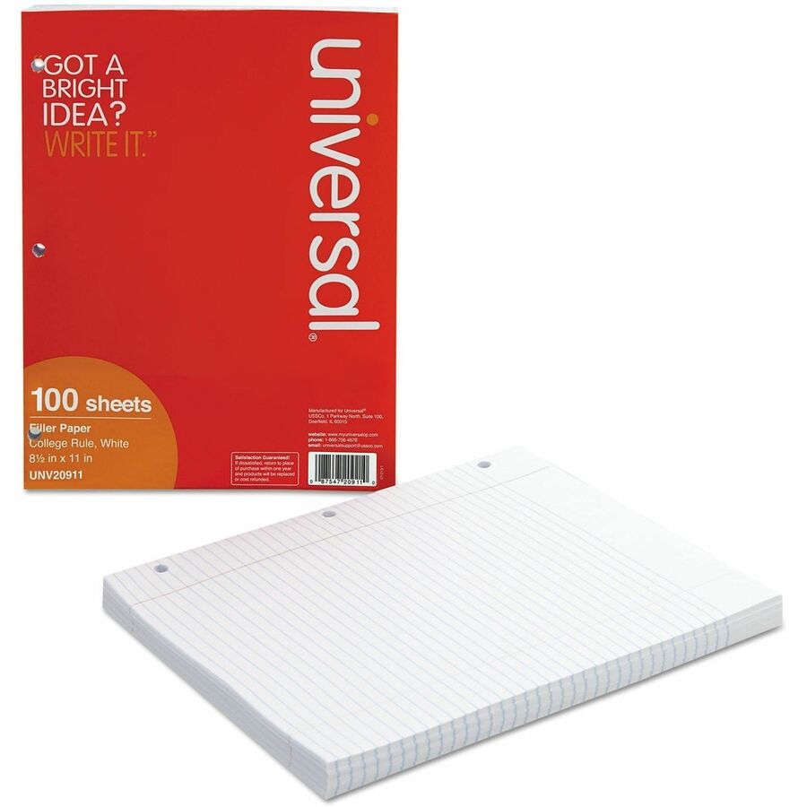 Universal Filler Paper, 3-Hole, 8.5 x 11, Medium/College Rule, 100/Pack - 100 Sheets - Medium Ruled, College Ruled Front Ruling - Red Margin - 3 Hole(s) - 15 lb Basis Weight - White Paper - 100 / Pack