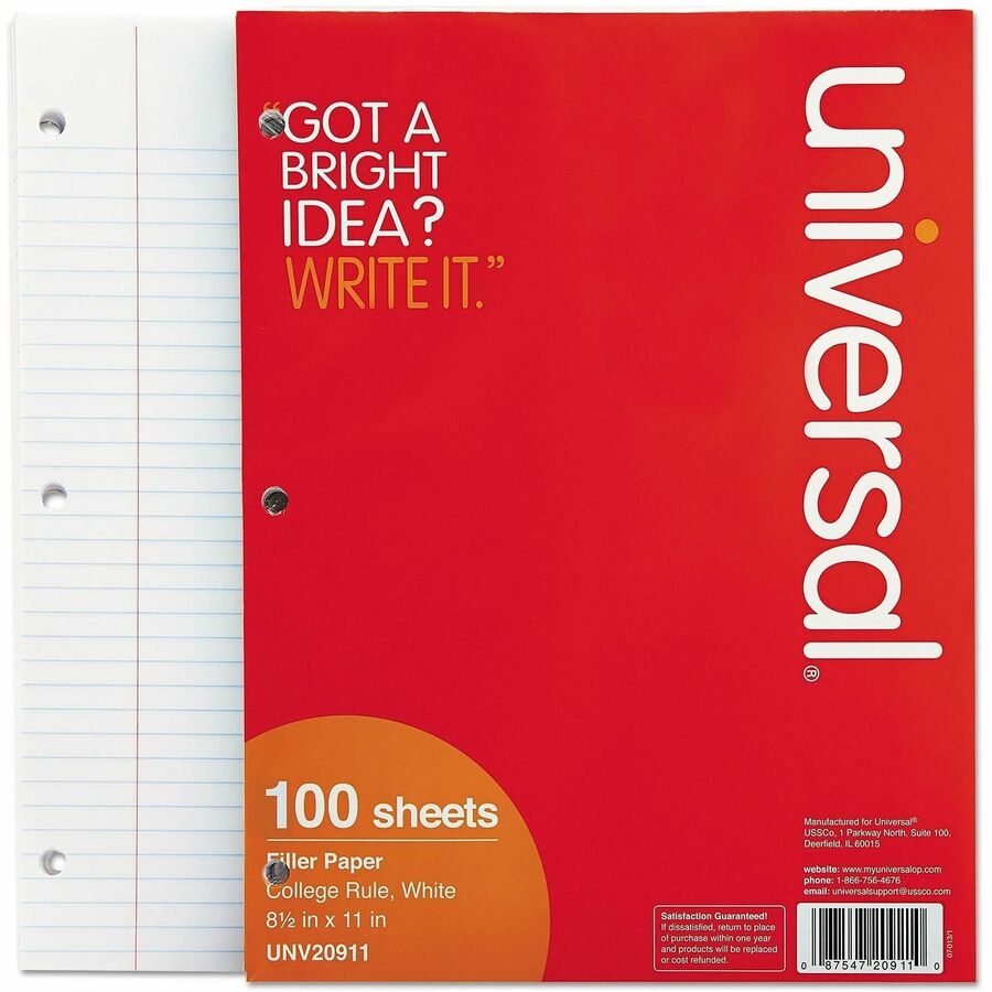 Universal Filler Paper, 3-Hole, 8.5 x 11, Medium/College Rule, 100/Pack - 100 Sheets - Medium Ruled, College Ruled Front Ruling - Red Margin - 3 Hole(s) - 15 lb Basis Weight - White Paper - 100 / Pack