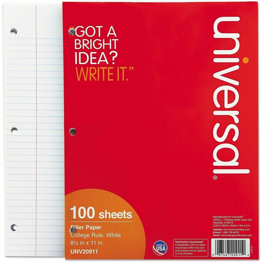 Universal Filler Paper, 3-Hole, 8.5 x 11, Medium/College Rule, 100/Pack - 100 Sheets - Medium Ruled, College Ruled Front Ruling - Red Margin - 3 Hole(s) - 15 lb Basis Weight - White Paper - 100 / Pack