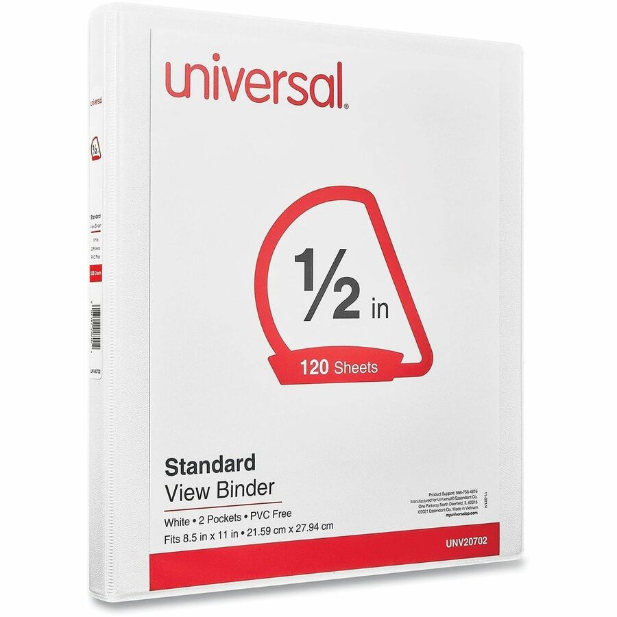 Universal Slant D-Ring View Binder, 3 Rings, 0.5" Capacity, 11 x 8.5, White - 1/2" Binder Capacity - Letter - 8 1/2" x 11" Sheet Size - 120 Sheet Capacity - 3 Ring(s) - Fastener(s): Ring - Pocket(s): 2, Inside Front & Back - Polypropylene - White - Non...