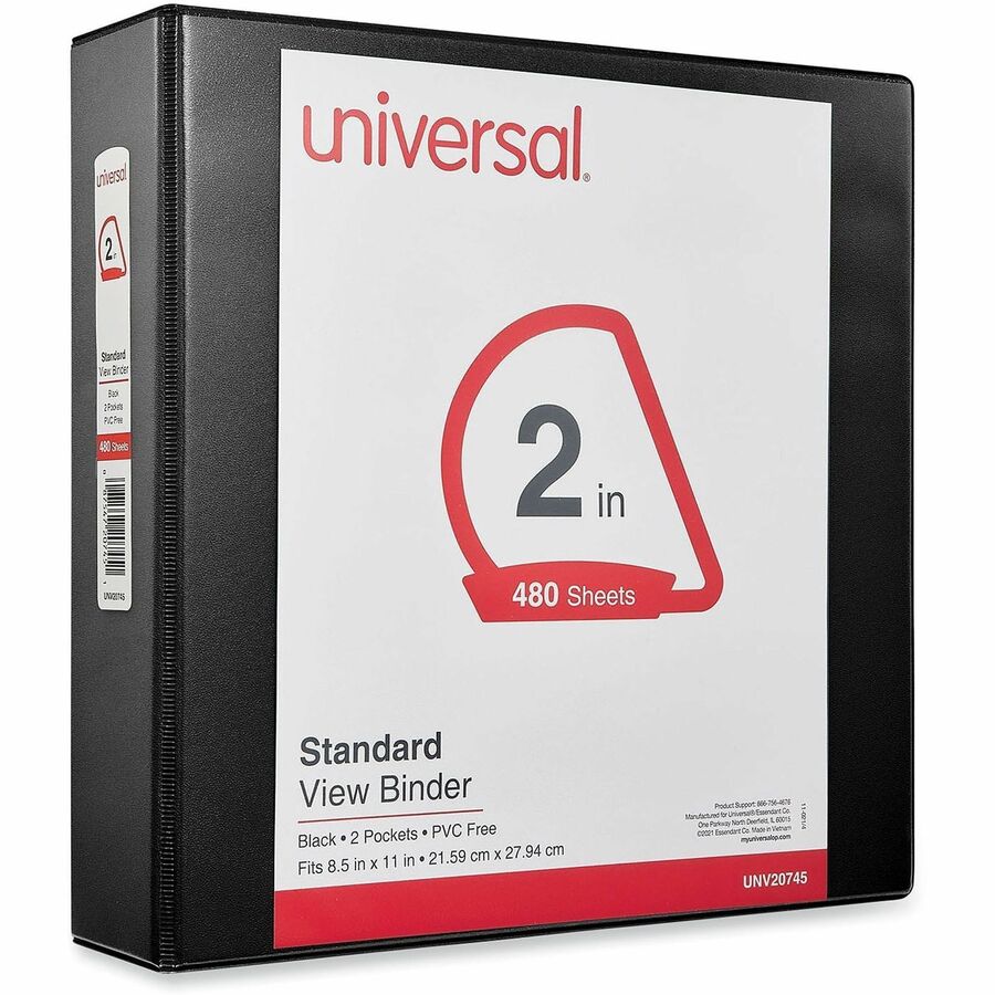 Universal Slant D-Ring View Binder, 3 Rings, 2" Capacity, 11 x 8.5, Black - 2" Binder Capacity - Letter - 8 1/2" x 11" Sheet Size - 500 Sheet Capacity - 3 Ring(s) - Fastener(s): Ring - Pocket(s): 2, Inside Front & Back - Polypropylene - Black - Non-sti...