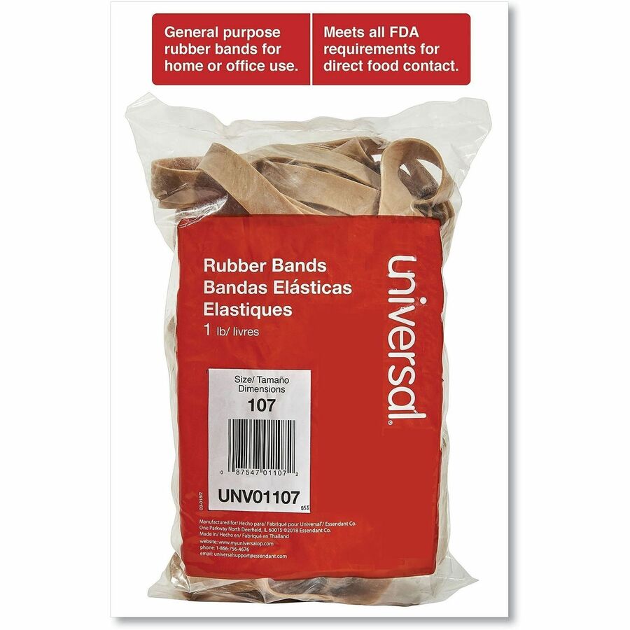 Universal Rubber Bands, Size 107, 0.06" Gauge, Beige, 1 lb Box, 40/Pack - Size: #107 - 7" Length x 0.6" Width - 48 lb/in - Rubber - Beige - 40 / Pack