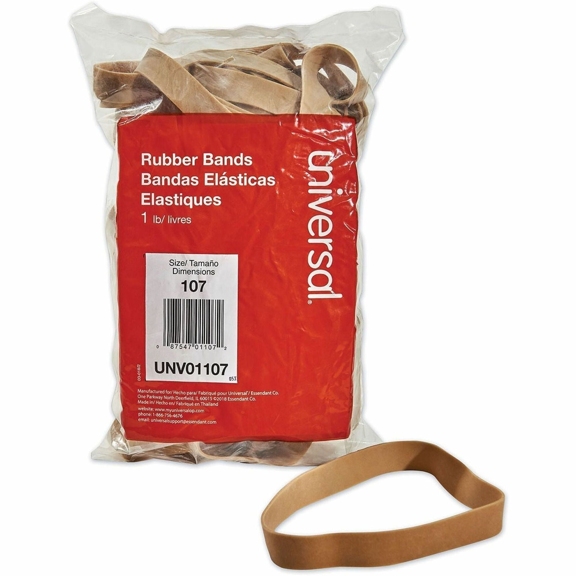 Universal Rubber Bands, Size 107, 0.06" Gauge, Beige, 1 lb Box, 40/Pack - Size: #107 - 7" Length x 0.6" Width - 48 lb/in - Rubber - Beige - 40 / Pack