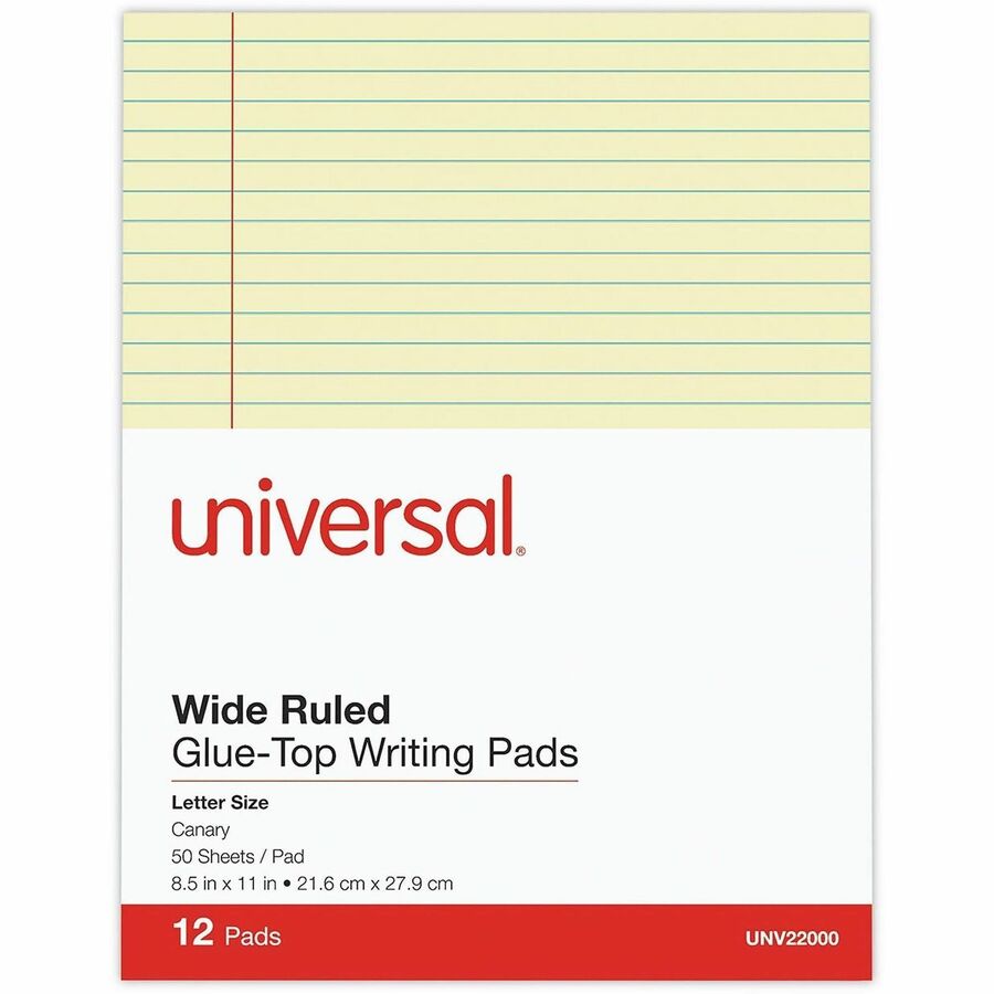 Universal Glue Top Pads, Wide/Legal Rule, 50 Canary-Yellow 8.5 x 11 Sheets, Dozen - 1 Subject(s) - 50 Sheets - Glued - Wide Ruled, Legal Ruled Front Ruling - 16 lb Basis Weight - 11" Height x 8.5" Width - Canary Paper - Chipboard Cover - 1 Dozen