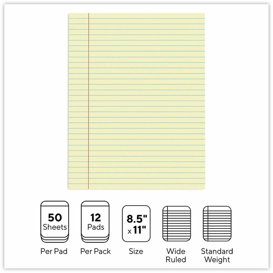 Universal Glue Top Pads, Wide/Legal Rule, 50 Canary-Yellow 8.5 x 11 Sheets, Dozen - 1 Subject(s) - 50 Sheets - Glued - Wide Ruled, Legal Ruled Front Ruling - 16 lb Basis Weight - 11" Height x 8.5" Width - Canary Paper - Chipboard Cover - 1 Dozen