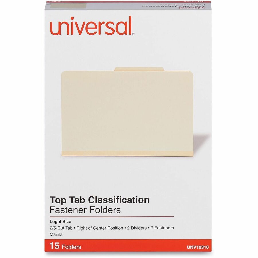 Universal 2/5 Tab Cut Legal Classification Folder - 8 1/2" x 14" - 2" Expansion - 6 Fastener(s) - 2" Fastener Capacity - Top Tab Location - Right of Center Tab Position - 2 Divider(s) - Manila - 15 Box