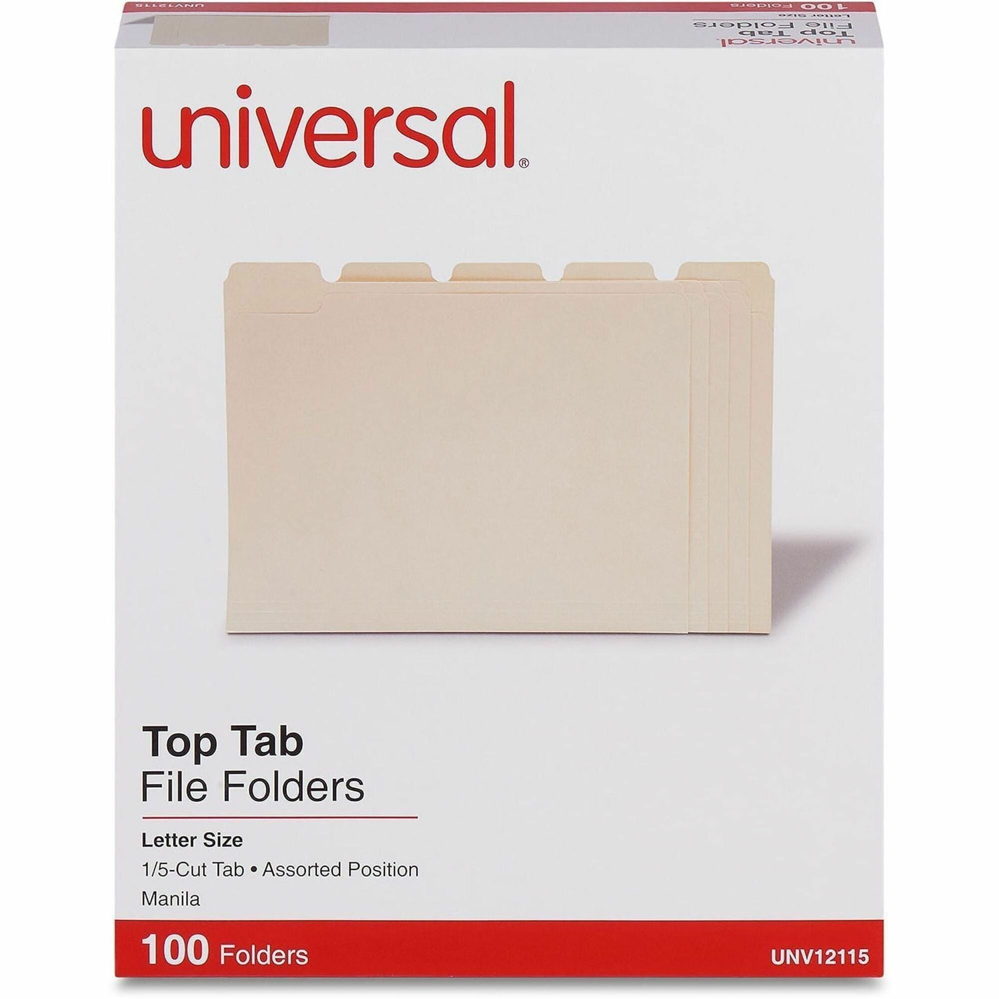 Universal 1/5 Tab Cut Letter Top Tab File Folder - 8 1/2" x 11" - 3/4" Expansion - Assorted Tab Position - 11 pt. - Manila - 100 Box