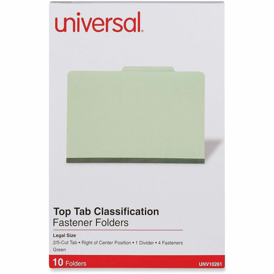 Universal 2/5 Tab Cut Legal Classification Folder - 8 1/2" x 14" - 2" Expansion - 4 Fastener(s) - 2" Fastener Capacity - Top Tab Location - Right of Center Tab Position - 1 Divider(s) - Green - 10 Box