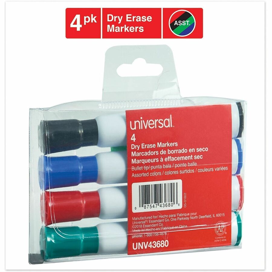Universal Dry Erase Marker, Medium Bullet Tip, Assorted Colors, 4/Set - Medium Bullet Marker Point - Assorted Ink - Dry - Black, Blue, Green, Red Barrel - General Purpose - 4 / Set