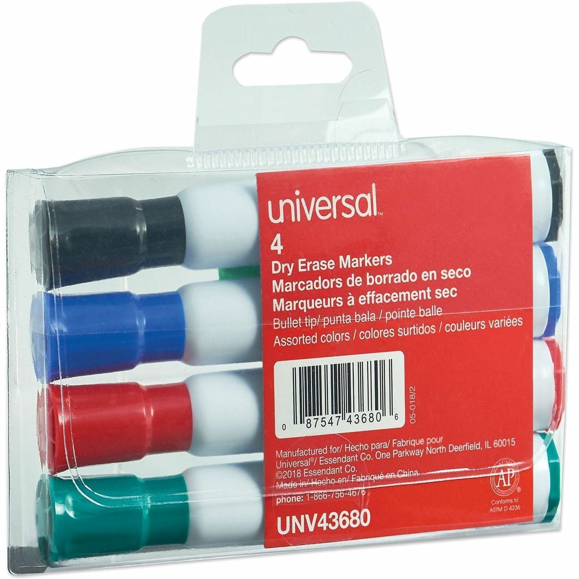 Universal Dry Erase Marker, Medium Bullet Tip, Assorted Colors, 4/Set - Medium Bullet Marker Point - Assorted Ink - Dry - Black, Blue, Green, Red Barrel - General Purpose - 4 / Set