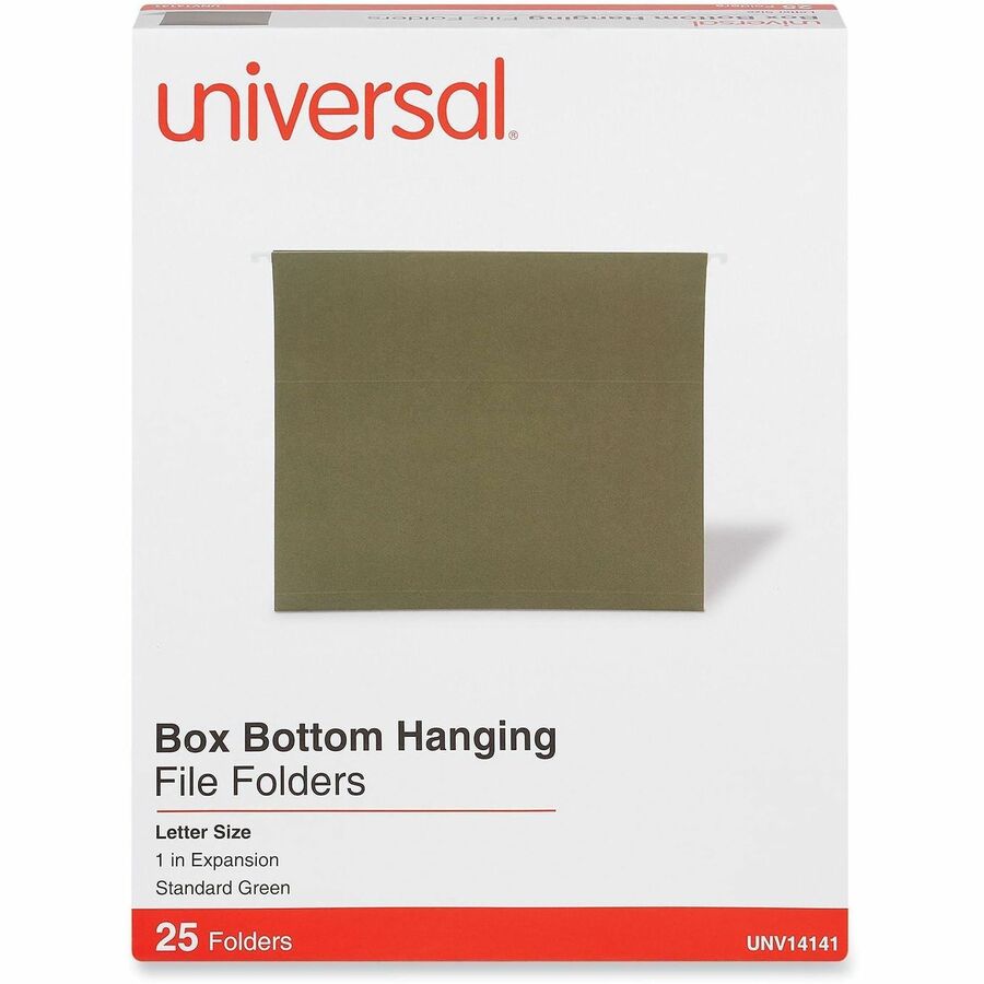 Universal 1/5 Tab Cut Letter Hanging Folder - 8 1/2" x 11" - 1" Expansion - Assorted Tab Position - 11 pt. - Stock - Standard Green - 25 Box