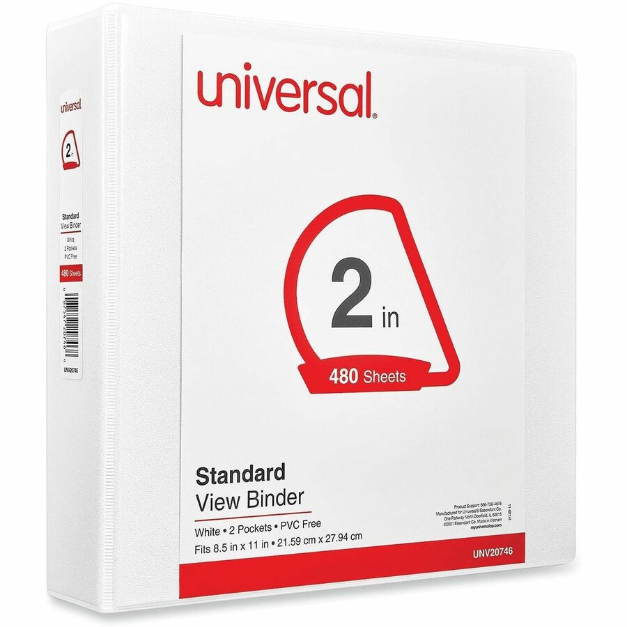 Universal Slant D-Ring View Binder, 3 Rings, 2" Capacity, 11 x 8.5, White - 2" Binder Capacity - Letter - 8 1/2" x 11" Sheet Size - 500 Sheet Capacity - 3 Ring(s) - Fastener(s): Ring - Pocket(s): 2, Inside Front & Back - Polypropylene - White - Non-sti...