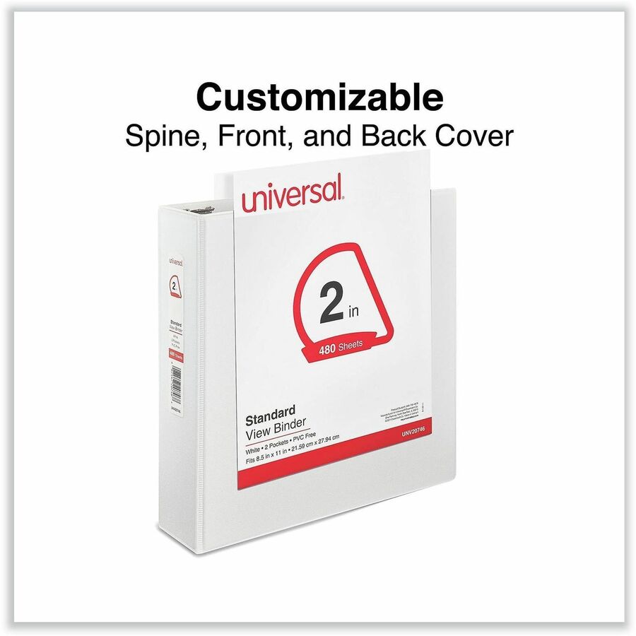 Universal Slant D-Ring View Binder, 3 Rings, 2" Capacity, 11 x 8.5, White - 2" Binder Capacity - Letter - 8 1/2" x 11" Sheet Size - 500 Sheet Capacity - 3 Ring(s) - Fastener(s): Ring - Pocket(s): 2, Inside Front & Back - Polypropylene - White - Non-sti...
