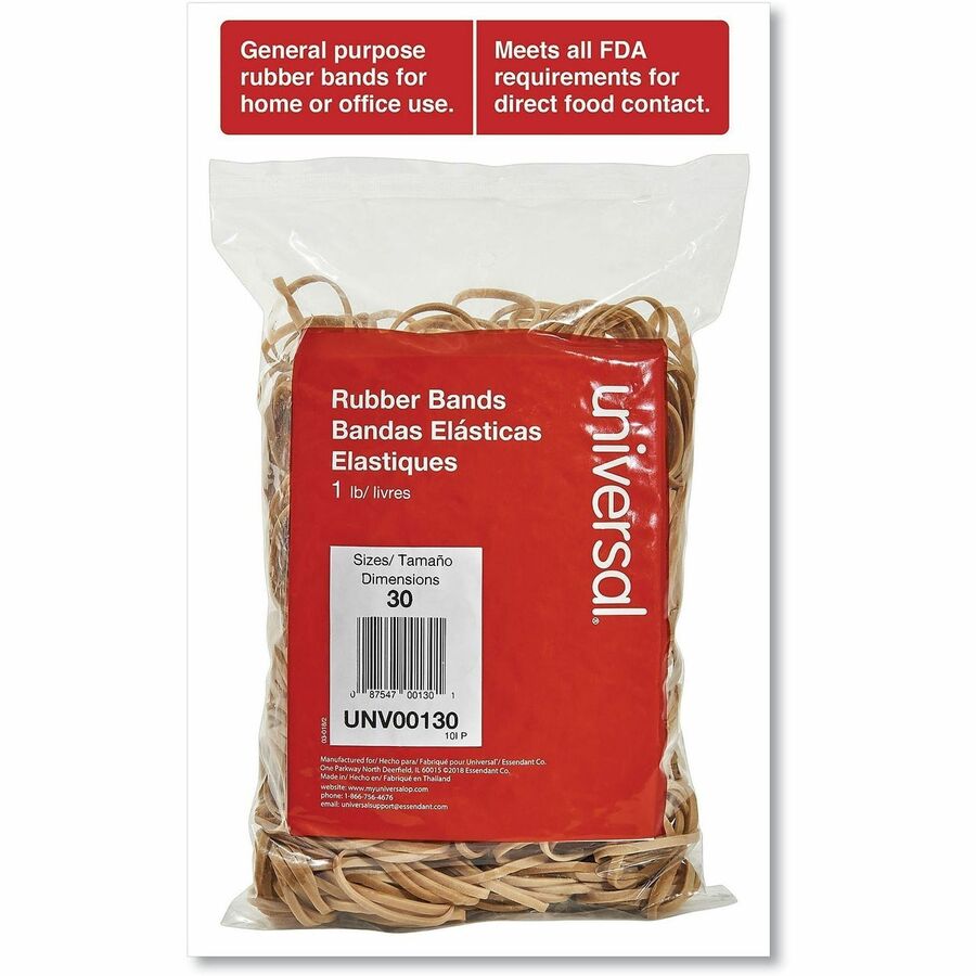 Universal Rubber Bands, Size 30, 0.04" Gauge, Beige, 1 lb Box, 1,100/Pack - Size: #30 - 2" Length x 0.1" Width - 12 lb/in - Rubber - Beige - 1100 / Pack