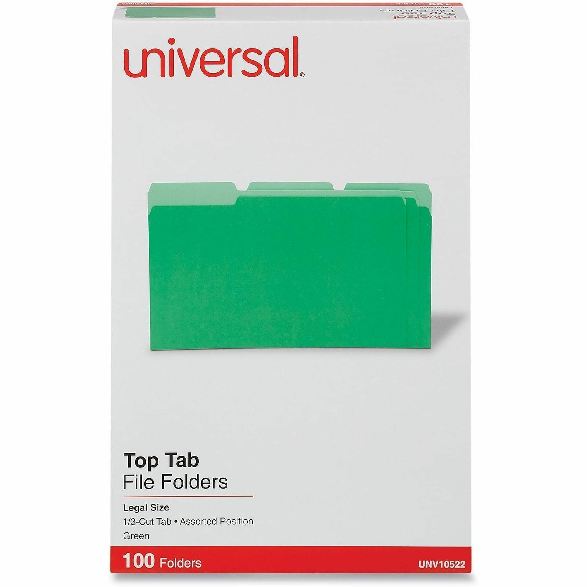 Universal 1/3 Tab Cut Legal Top Tab File Folder - 8 1/2" x 14" - Assorted Tab Position - 11 pt. - Stock - 100 Box
