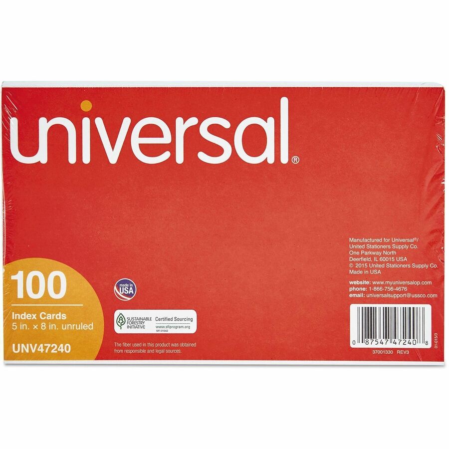 Universal Unruled Index Cards, 5 x 8, White, 100/Pack - 5" Width x 8" LengthRecycled - Unruled - 100 / Pack
