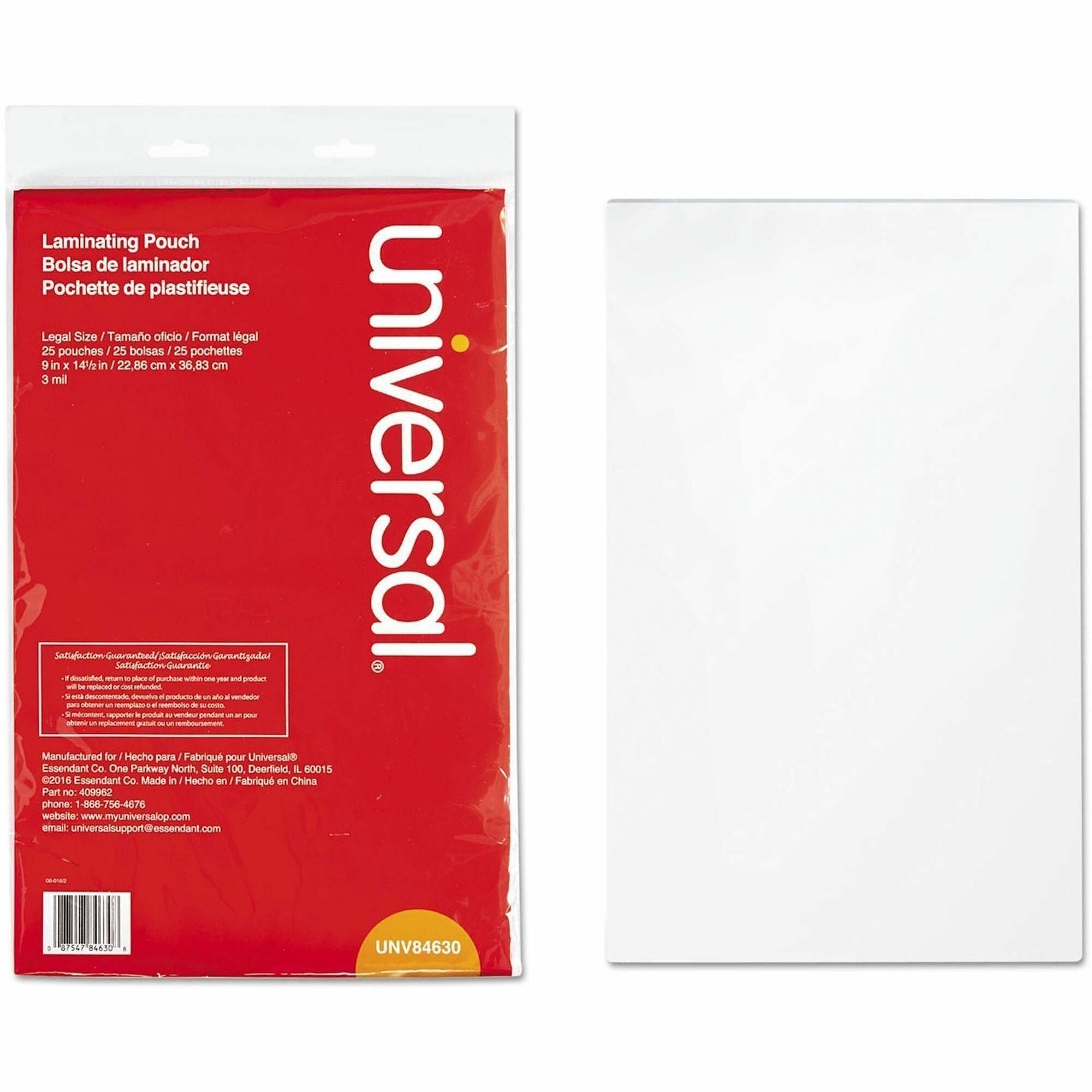 Universal Laminating Pouch - Sheet Size Supported: Legal 8.50" Width x 14" Length - Laminating Pouch/Sheet Size: 9" Width x 3 mil Thickness - Matte - for Document, Sign, ID Card, Photo, Tag - Temperature Resistant, Liquid Resistant - Clear - Plastic - ...