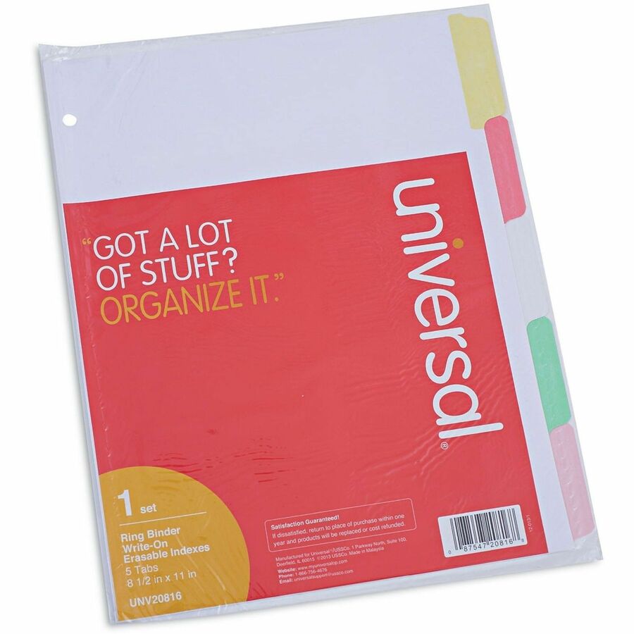 Universal Deluxe Write-On/Erasable Tab Index, 5-Tab, 11 x 8.5, White, Assorted Tabs, 1 Set - 5 Write-on Side Tab(s) - 5 Tab(s)/Set - Letter - 8.50" Width x 11" Length - 3 Hole Punched - White Paper Divider - Assorted Paper Tab(s) - Recycled - Customiza...