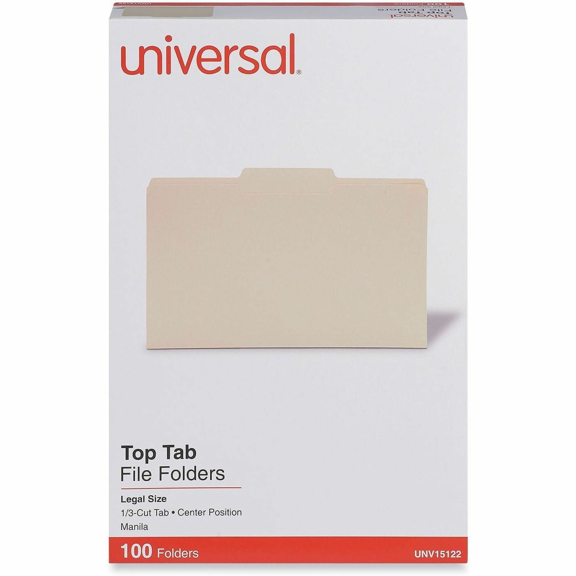 Universal 1/3 Tab Cut Legal Top Tab File Folder - 8 1/2" x 14" - 3/4" Expansion - Center Tab Position - 11 pt. - Manila - 100 Box