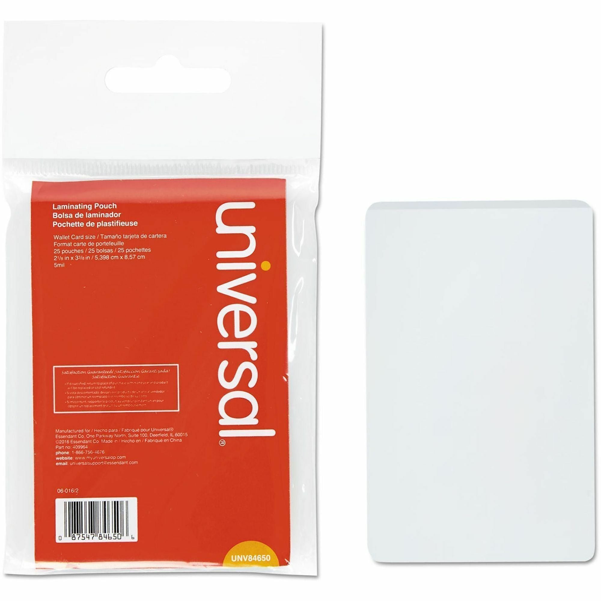Universal Laminating Pouch - Sheet Size Supported: Wallet-size 3" Width x 2" Length - Laminating Pouch/Sheet Size: 3.38" Width x 5 mil Thickness - Matte - for Document, Sign, ID Card, Photo, Tag, Wallet Card - Temperature Resistant - Clear - Plastic - ...