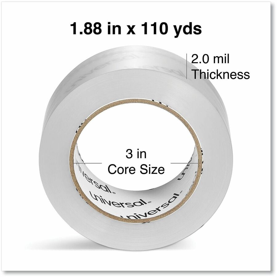 Universal Quiet Tape Box Sealing Tape, 3" Core, 1.88" x 109 yds, Clear, 6/Pack - 109 yd Length x 1.88" Width x 2 mil Thickness - 3" Core - Clear - Acrylic - Plastic Backing - 6 / Pack
