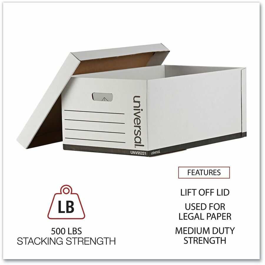 Universal Medium-Duty Easy Assembly Storage Box, Legal Files, White, 12/Carton - Internal Dimensions: 15.13" Width x 24" Depth x 10.25" Height - Media Size Supported: Legal - Lift-off Closure - Medium Duty - Stackable - Corrugated Fiberboard - White - ...