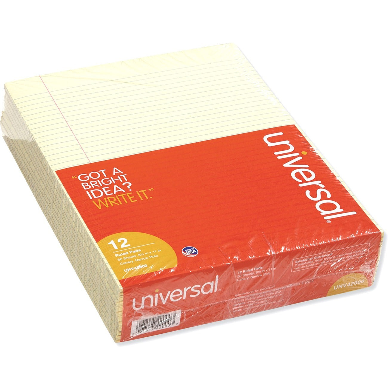 Universal Glue Top Pads, Narrow Rule, 50 Canary-Yellow 8.5 x 11 Sheets, Dozen - 1 Subject(s) - 50 Sheets - Glued - Narrow Ruled Front Ruling - 16 lb Basis Weight - 11" Height x 8.5" Width - Canary Paper - Chipboard Cover - 1 Dozen