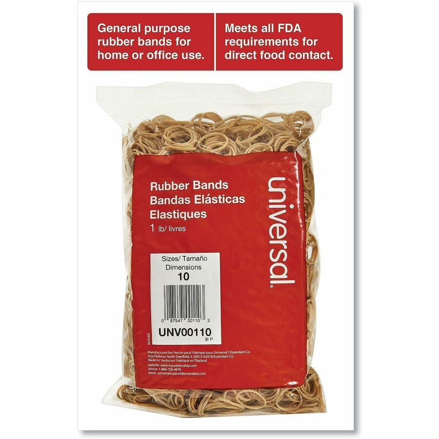 Universal Rubber Bands, Size 10, 0.04" Gauge, Beige, 1 lb Box, 3,400/Pack - Size: #10 - 1.3" Length x 0.1" Width - 6 lb/in - Rubber - Beige - 3400 / Pack