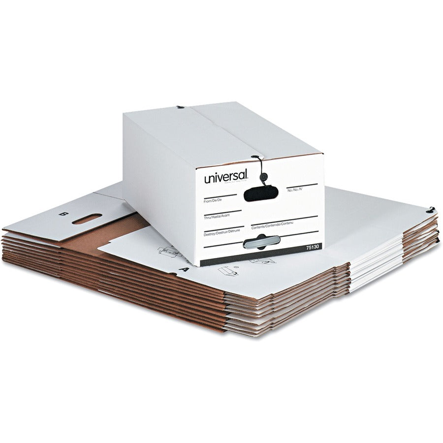Universal Economical Easy Assembly Storage Files, Legal Files, White, 12/Carton - Internal Dimensions: 15" Width x 24" Depth x 10" Height - Media Size Supported: Legal - Flap, String/Button Closure - Medium Duty - Stackable - Corrugated Fiberboard - Wh...