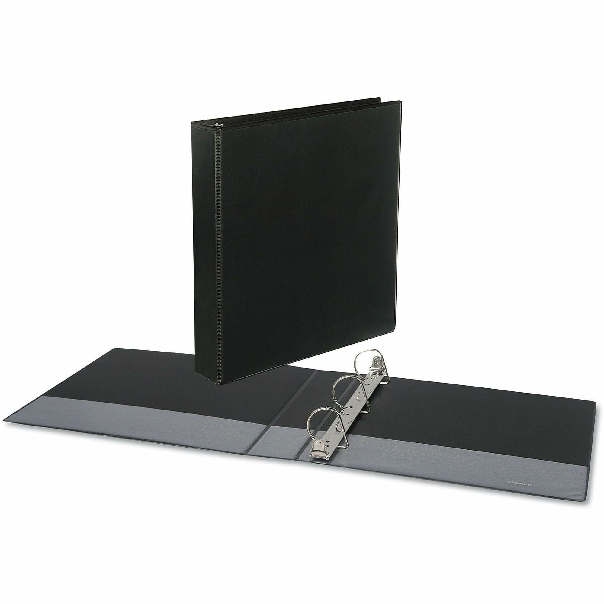 Universal Slant D-Ring View Binder, 3 Rings, 1.5" Capacity, 11 x 8.5, Black - 1 1/2" Binder Capacity - Letter - 8 1/2" x 11" Sheet Size - 375 Sheet Capacity - 3 Ring(s) - Fastener(s): Ring - Pocket(s): 2, Inside Front & Back - Polypropylene - Black - N...