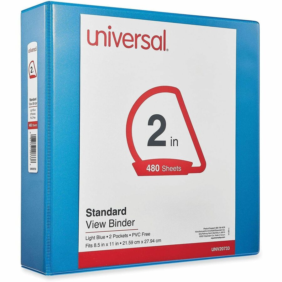 Universal Slant D-Ring View Binder, 3 Rings, 2" Capacity, 11 x 8.5, Light Blue - 2" Binder Capacity - Letter - 8 1/2" x 11" Sheet Size - 480 Sheet Capacity - 3 Ring(s) - Fastener(s): Ring - Pocket(s): 2, Inside Front & Back - Polypropylene - Light Blue...