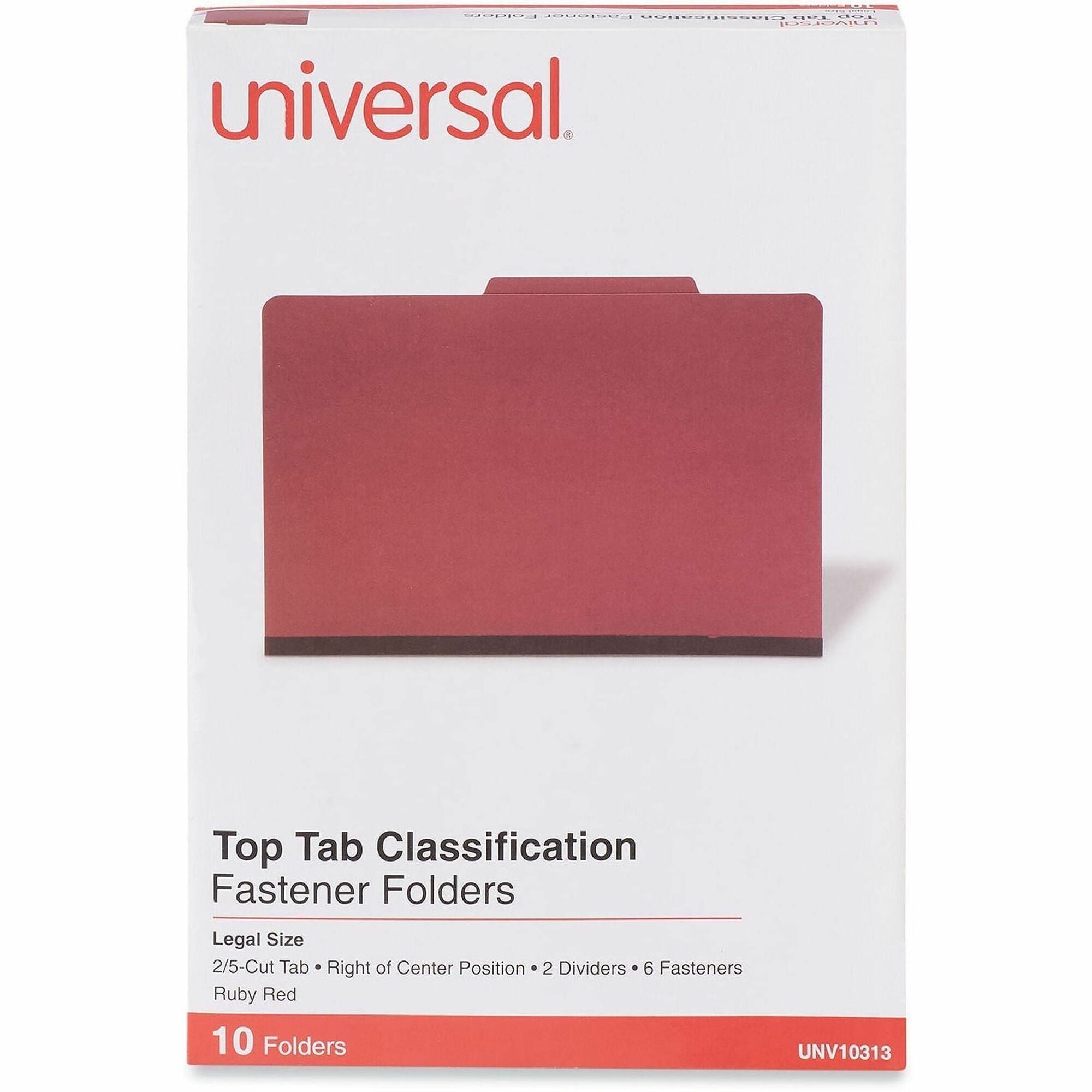 Universal 2/5 Tab Cut Legal Classification Folder - 8 1/2" x 14" - 2" Expansion - 6 Fastener(s) - 2" Fastener Capacity - Top Tab Location - Right of Center Tab Position - 2 Divider(s) - Ruby Red - 10 Box
