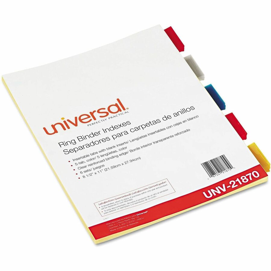 Universal Insertable Tab Index, 5-Tab, 11 x 8.5, Buff, Assorted Tabs, 6 Sets - 5 Write-on Side Tab(s) - Letter - 8.50" Width x 11" Length - 3 Hole Punched - Buff Paper Divider - Assorted Plastic Tab(s) - Recycled - Customizable, Mylar Reinforced Edge -...