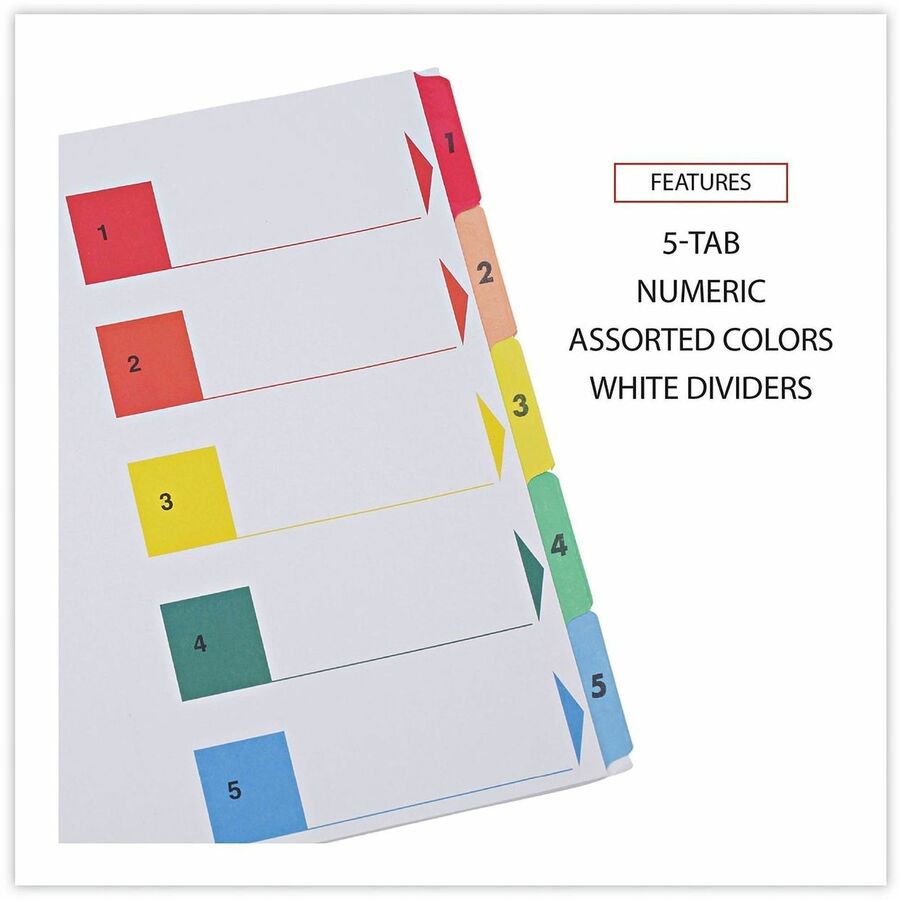 Universal Index Divider - 5 Print-on Side Tab(s) - Digit - 1-5, Table of Contents - 8.5" Divider Width x 11" Divider Length - Letter - 8.50" Width x 11" Length - 3 Hole Punched - White Paper Divider - Assorted Paper Tab(s) - Recycled - Double-sided, My...