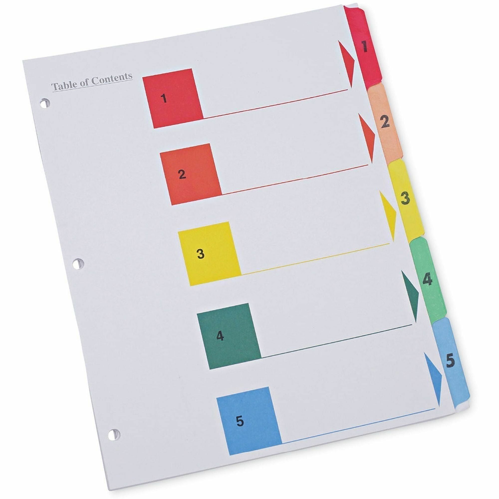 Universal Index Divider - 5 Print-on Side Tab(s) - Digit - 1-5, Table of Contents - 8.5" Divider Width x 11" Divider Length - Letter - 8.50" Width x 11" Length - 3 Hole Punched - White Paper Divider - Assorted Paper Tab(s) - Recycled - Double-sided, My...
