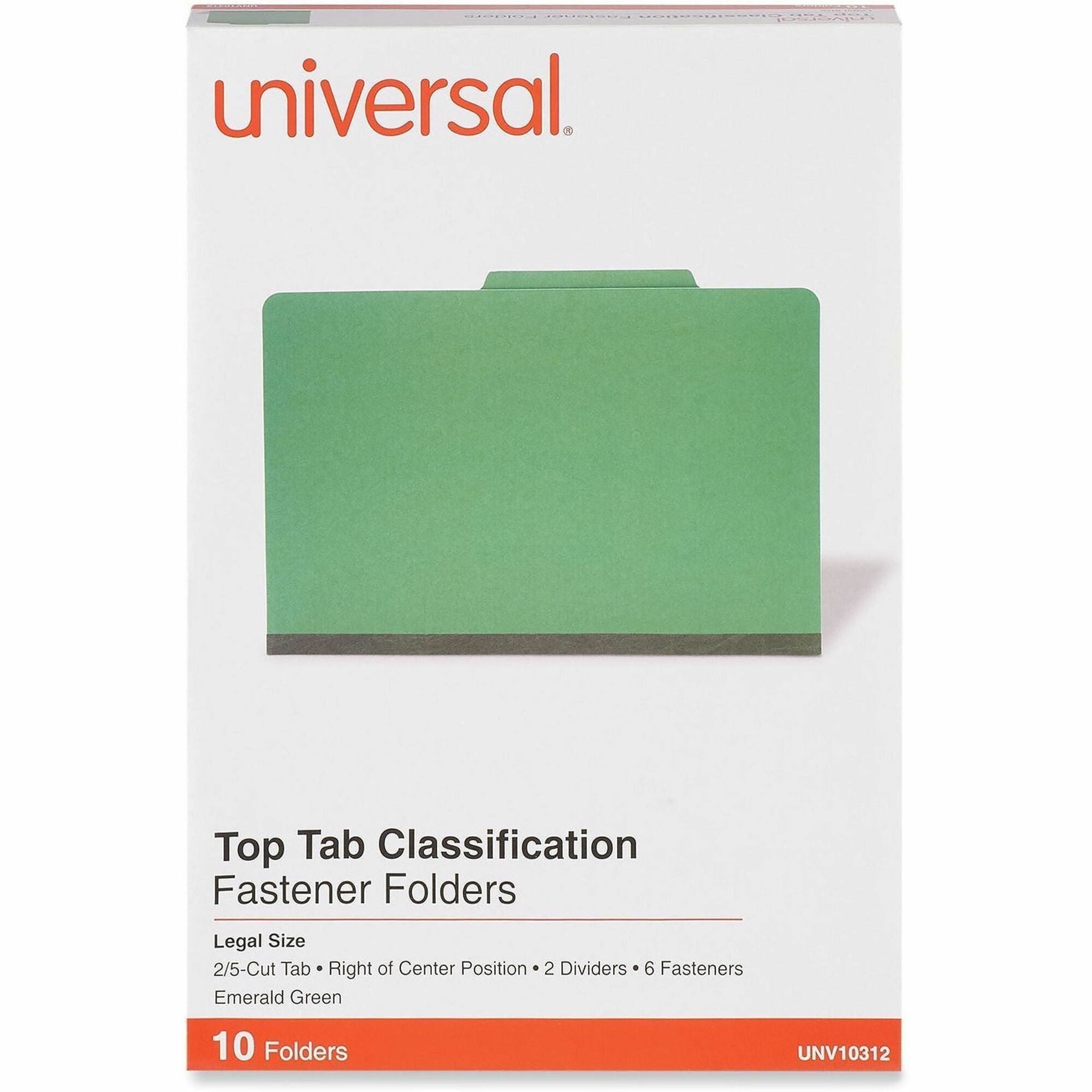 Universal 2/5 Tab Cut Legal Classification Folder - 8 1/2" x 14" - 2" Expansion - 6 Fastener(s) - 2" Fastener Capacity - Top Tab Location - Right of Center Tab Position - 2 Divider(s) - Emerald Green - 10 Box