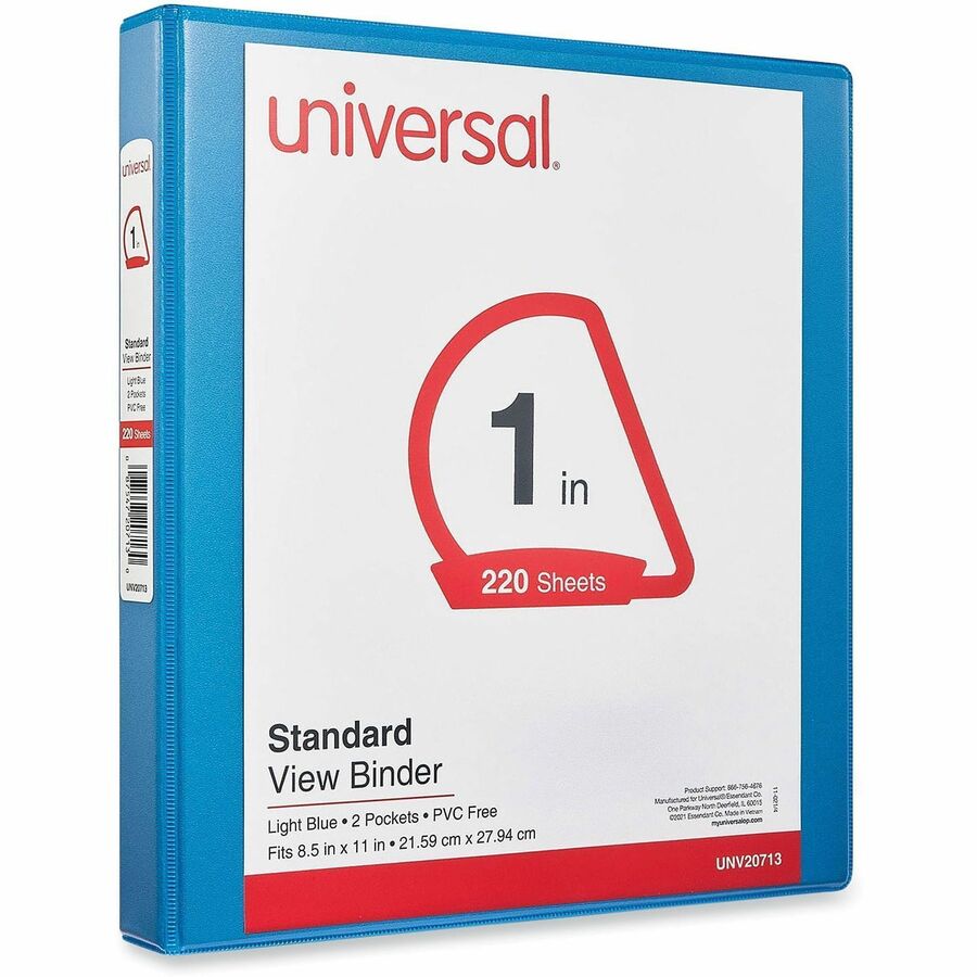 Universal Slant D-Ring View Binder, 3 Rings, 1" Capacity, 11 x 8.5, Light Blue - 1" Binder Capacity - Letter - 8 1/2" x 11" Sheet Size - 220 Sheet Capacity - 3 Ring(s) - Fastener(s): Ring - Pocket(s): 2, Inside Front & Back - Polypropylene - Light Blue...