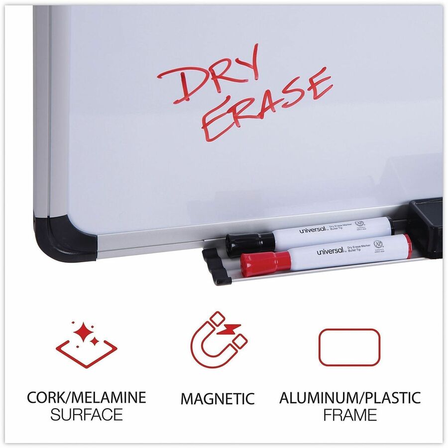 Universal Dry Erase/Bulletin Board - 24" (2 ft) Width x 18" (1.5 ft) Height - Tan Cork/Melamine Surface - Black Aluminum, Satin Frame - Magnetic - 1 Each