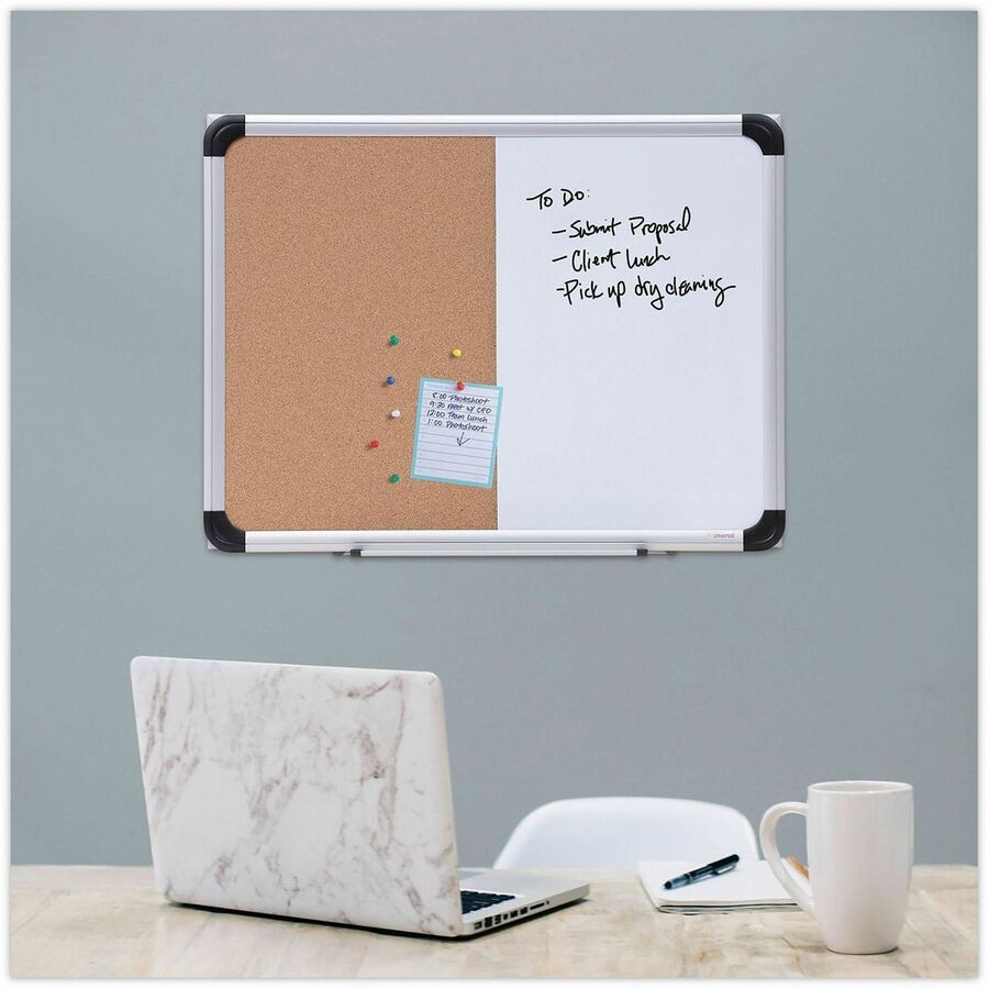 Universal Dry Erase/Bulletin Board - 24" (2 ft) Width x 18" (1.5 ft) Height - Tan Cork/Melamine Surface - Black Aluminum, Satin Frame - Magnetic - 1 Each