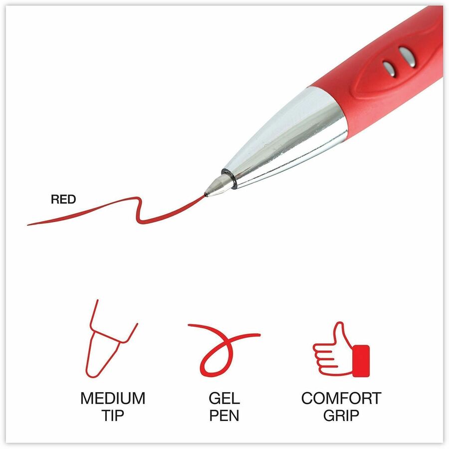 Universal Comfort Grip Gel Pen - 0.7 mm Medium Conical Pen Point - Retractable - Red Ink - Water Based - Gray, Red, Silver Barrel - 1 Dozen